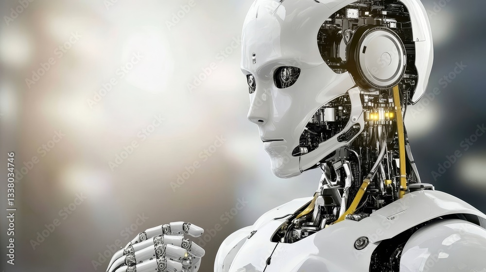 Futuristic robot detailed view white complex mechanical Futuristic robot detailed view white complex mechanical