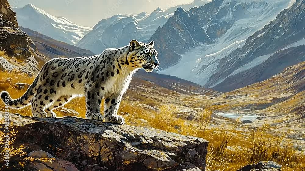 Majestic snow leopard standing on rocky terrain, overlooking a vast mountainous landscape at sunset