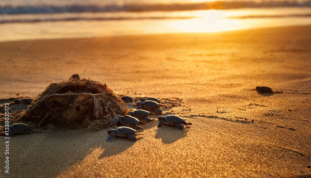 Obraz premium A turtle nest on a sandy beach, baby turtles hatching and crawling toward the ocean under soft golden light, natural and serene atmosphere.