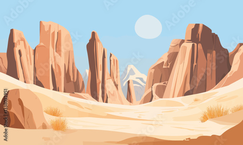 Majestic Desert Landscape with Towering Rock Formations and Sandy Dunes in Minimalist Style
