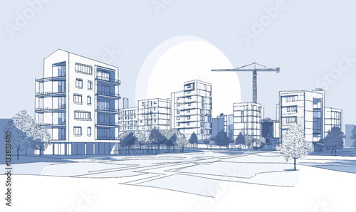 Modern Urban Residential Complex Blueprint Sketch in Minimalist Vector Style