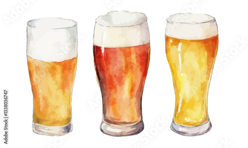 Watercolor Illustration of Assorted Realistic Beer Glasses for Beverage Art Projects