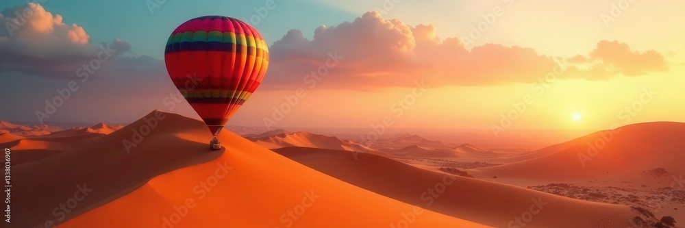 Obraz premium Colorful hot air balloon floats above dramatic Namibian sand dunes at daybreak , Africa travel, scenic