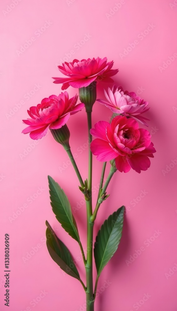 Cluster of five vibrant pink carnations against a pink background , pink, blossom Cluster of five vibrant pink carnations against a pink background , pink, blossom