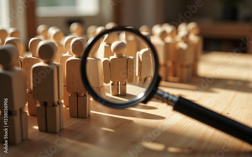 Wallpaper Mural Magnifying glass focusing on a wooden figure standing out from a crowd of similar figures. Sunlight streams through a window, casting shadows and highlighting the chosen individual. Torontodigital.ca