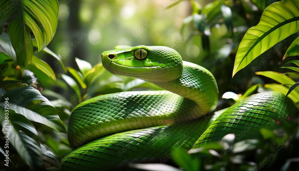 Obraz premium A vivid green snake winds through dense jungle foliage, its glistening scales catching dappled sunlight, blending seamlessly with vibrant leaves and vines.