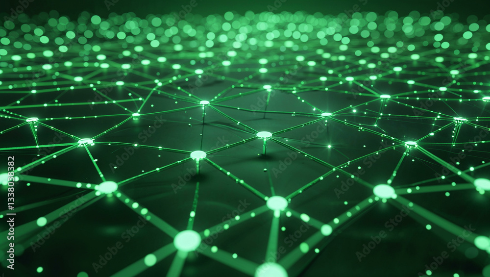 Obraz premium A glowing emerald green abstract background with interconnected dots and lines, forming a complex plexus network. 
