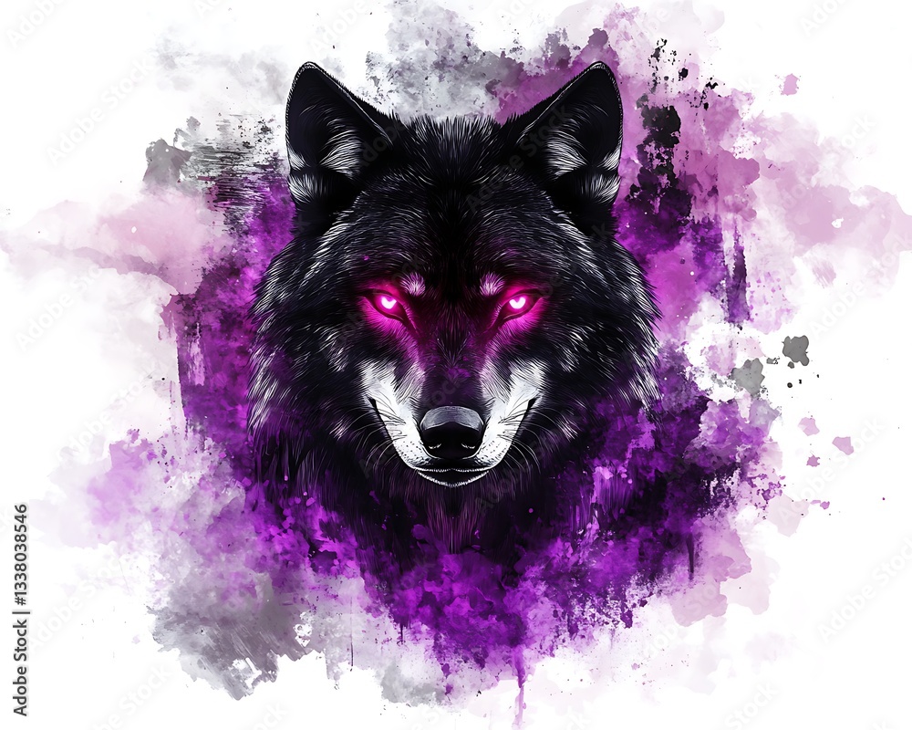Black Wolf with Crimson Glow in Abstract Gothic Design of Purple and White