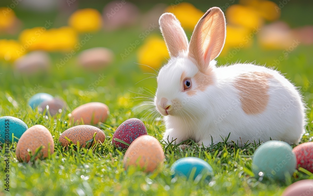 Fototapeta premium A white rabbit sits in the grass surrounded by colorful Easter eggs.