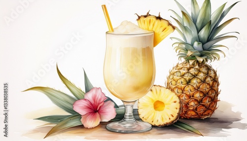 A watercolor-style illustration of a piña colada in a tall glass, garnished with a pineapple slice and a tiny flower, soft brush textures, tropical and refreshing feel.