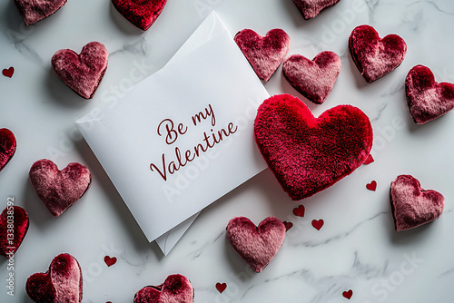 A white envelope with red velvet heart spilling out of it, the envelope has the inscription "Be my Valentine"