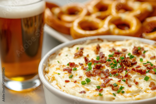 Delicious bacon topped cheese dip paired with pretzels and craft beer for a perfect snack spread