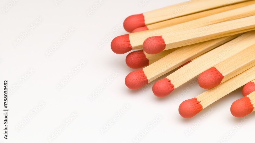 A close-up view of wooden matches with striking red tips, arranged in a pile against a simple background. A close-up view of wooden matches with striking red tips, arranged in a pile against a simple background.