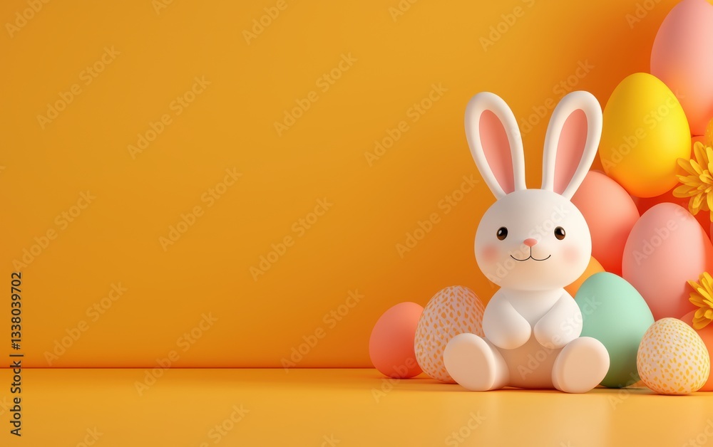 Obraz premium A small white bunny sits beside vibrant, colorful Easter eggs.