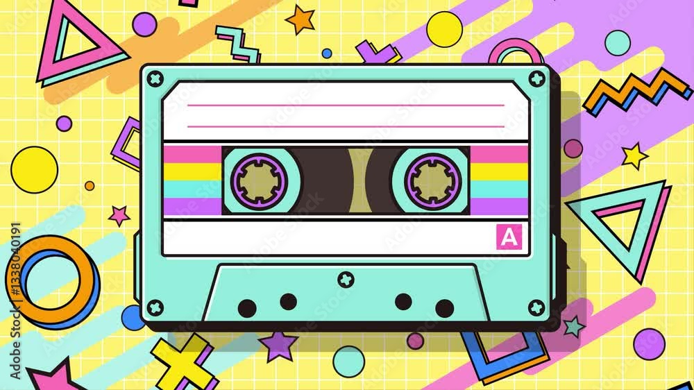 Footage: Moving Memphis style background and retro cassette tape loop animation video