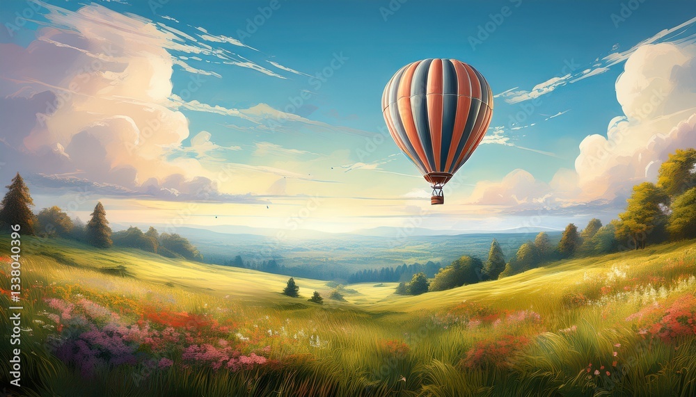 Obraz premium A whimsical soft-shaded digital painting of a colorful hot air balloon drifting above a sunlit summer meadow with flowers, dreamy and peaceful atmosphere.