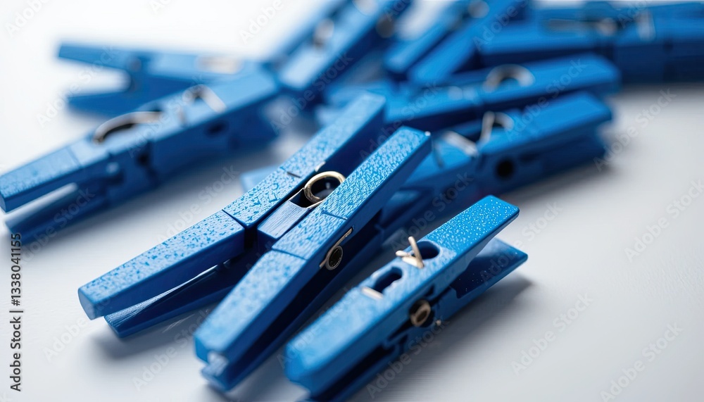 A macro photograph of blue clothespins on a white background A macro photograph of blue clothespins on a white background