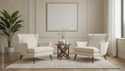 A room with two contemporary lounge chairs with cream upholstery