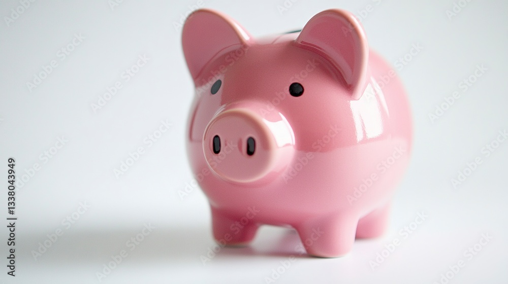 A playful and inviting piggy bank with a warm pink tone, its glossy surface adding depth, placed against a bright white backdrop for a clean and modern financial theme, telephoto mid-range shot. A playful and inviting piggy bank with a warm pink tone, its glossy surface adding depth, placed against a bright white backdrop for a clean and modern financial theme, telephoto mid-range shot.