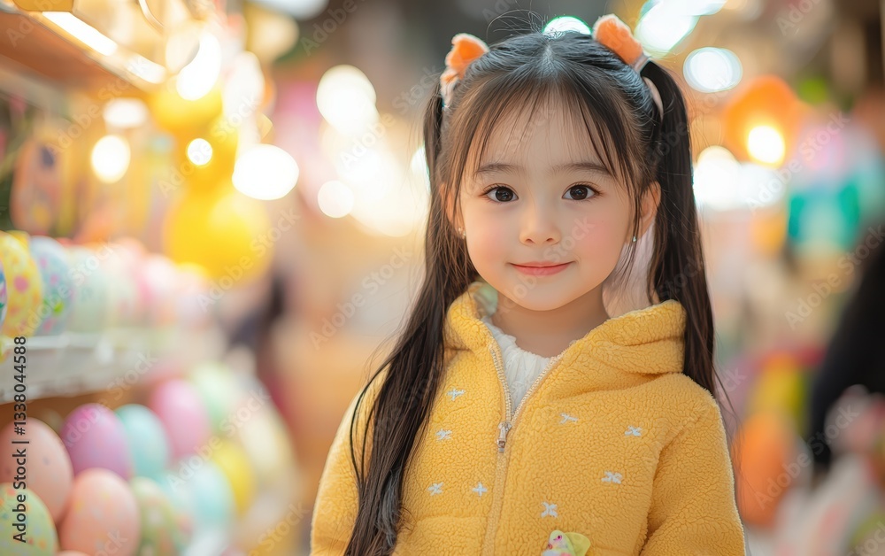 Little girl in a bright yellow jacket smiles in a festive Easter store filled with colorful decorations. Little girl in a bright yellow jacket smiles in a festive Easter store filled with colorful decorations.