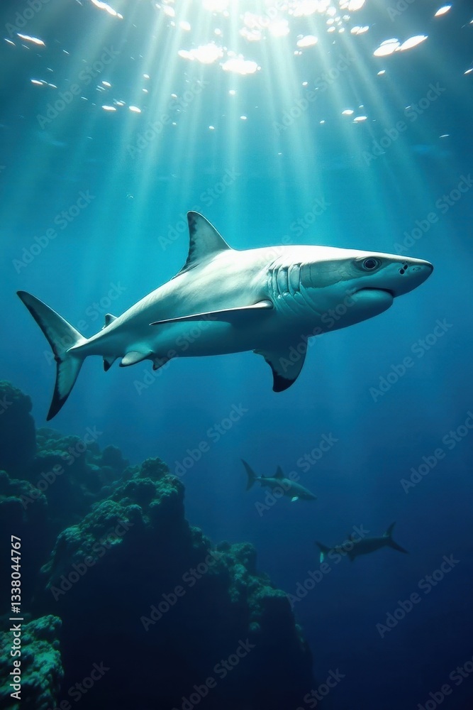 Naklejka premium Majestic great white patrols schooling fish below, swimming, aquatic