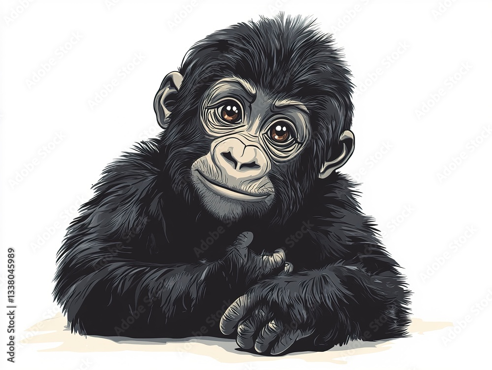 Fototapeta premium A playful little gorilla tilting its head curiously, its tiny hands resting on the ground, designed with smooth and soft vector lines, set against a pure white background. 