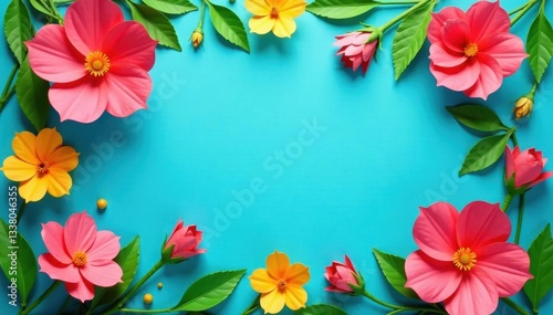 Overhead vibrant paper flowers, green leaves, blue backdrop, cheerful, bloom, art