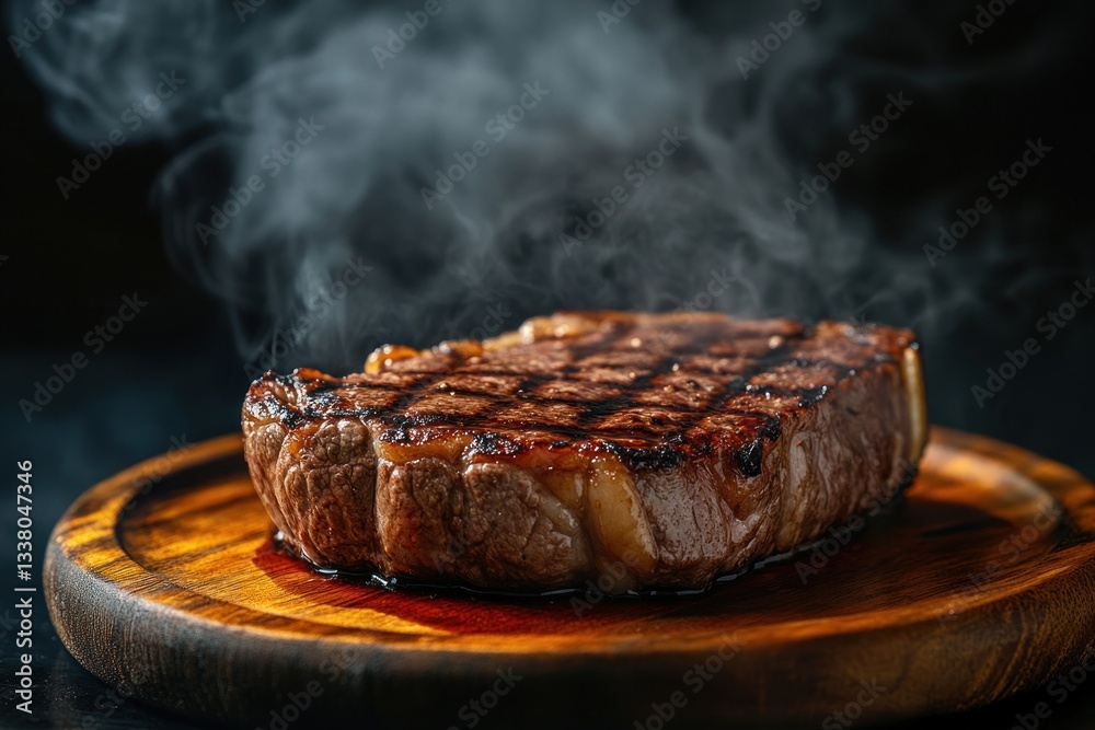 A delicious and steaming grilled steak is shown on a wooden plate A delicious and steaming grilled steak is shown on a wooden plate
