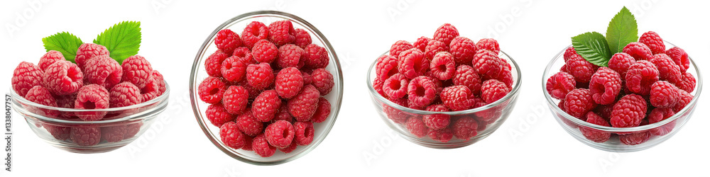 Close up view of freshly picked bright red raspberries arranged in glass bowls showcasing their natural sweetness and vibrant color Close up view of freshly picked bright red raspberries arranged in glass bowls showcasing their natural sweetness and vibrant color