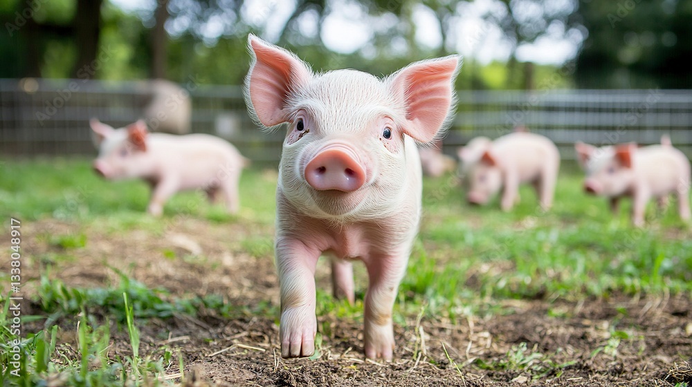 A playful piglet stands in the center of a farm pen, its bright eyes and tiny tail wagging as it looks around curiously, while other piglets roam nearby, cinematic close-up shot. A playful piglet stands in the center of a farm pen, its bright eyes and tiny tail wagging as it looks around curiously, while other piglets roam nearby, cinematic close-up shot.