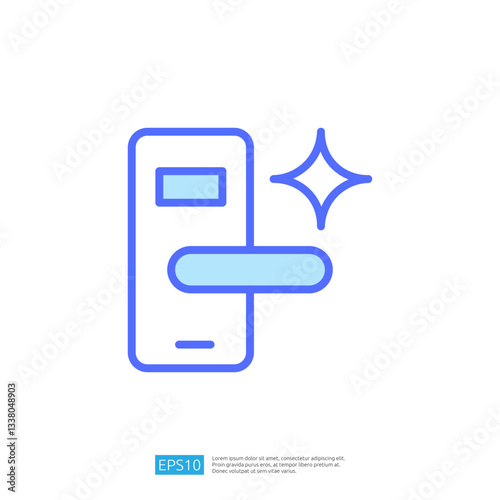 Clean and Disinfect Icon Representing Hygiene Practices with a Shiny Door Handle and Sparkle Effect in Minimalistic Blue and White Design