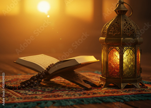 Ramadan kareem islamic background with quran lantern and prayer beads concept