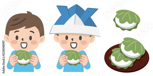 柏餅を食べる男の子のイラストセット