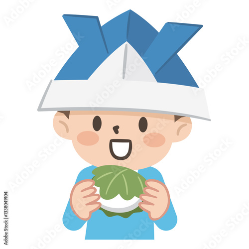 折り紙の兜を被り柏餅を食べる男の子のイラスト