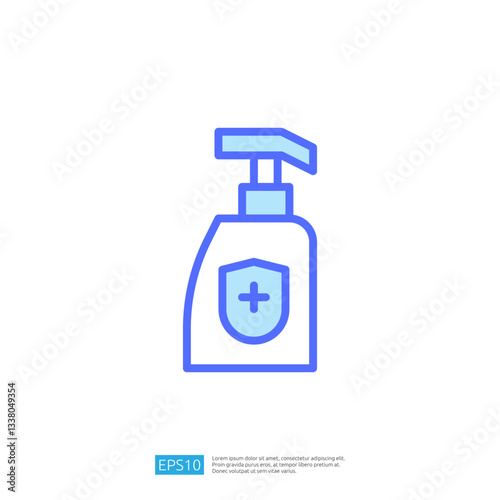 Flat Design Icon of Disinfectant Bottle with Pump for Hygiene and Cleanliness in Blue Colors with Cross Symbol for Safety