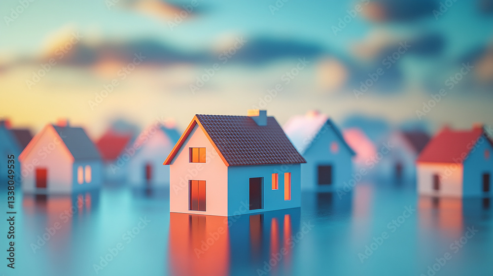 A surreal image of small houses floating on a reflective water surface, with soft lighting and a dreamy atmosphere, symbolizing housing crisis, climate change, or an imaginative fantasy world.
A surreal image of small houses floating on a reflective water surface, with soft lighting and a dreamy atmosphere, symbolizing housing crisis, climate change, or an imaginative fantasy world.