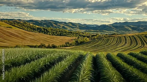 Wallpaper Mural A dedicated farmer stands thoughtfully in his lush fields, surrounded by rolling hills. The golden light of sunset casts a warm glow, bringing life to the vibrant crops and serene landscape. Torontodigital.ca