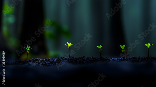 
The seedling are growing in the black soil. in the rain forest. Planting trees to reduce global warming. blurred,soft focus