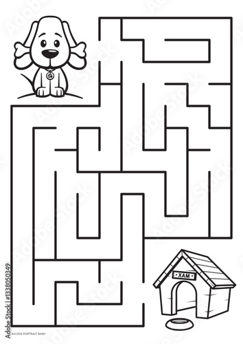 Vector black line printable maze. Format A4. Coloring book educational maze with cute cartoon a dog named Max looking for his house. Portrait size.
