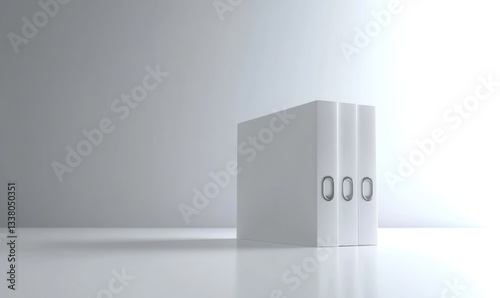 Three white binders on reflective surface, simple background, ideal for business concepts