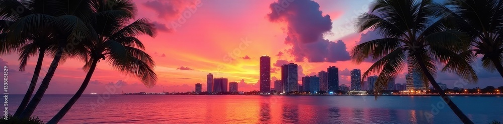 Fototapeta premium Stunning sunset over Miami's skyline, palm trees framing view, tropical, florida