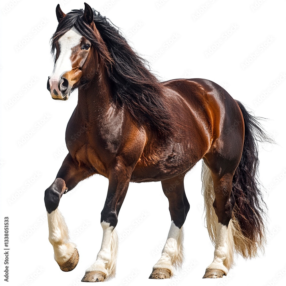 Obraz premium A powerful Clydesdale horse with a flowing mane, dramatic lighting, strong pose, full-body shot, white backdrop 