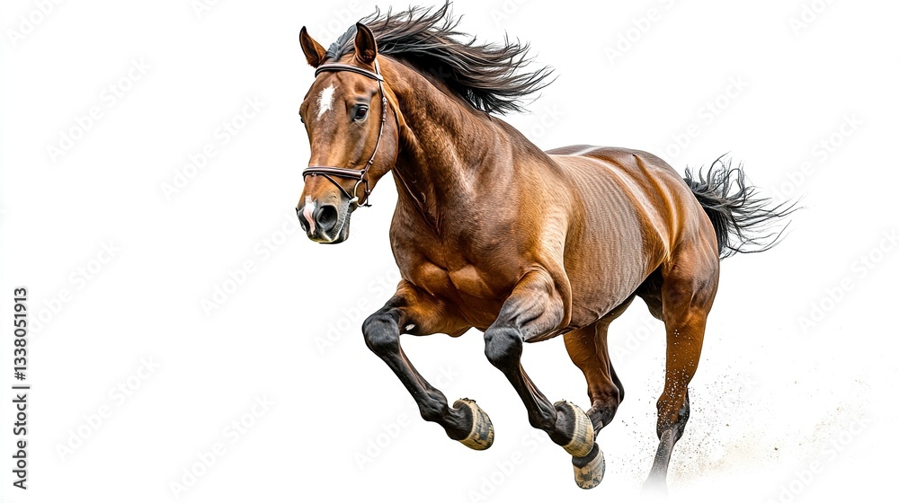 Obraz premium A powerful horse captured mid-gallop, its muscles flexed and mane flowing, isolated against a pure white background, dynamic telephoto shot