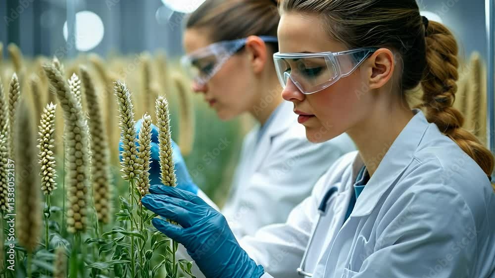 Genetics Lab Coat Amidst rows of green plants, scientists in white lab coats focus ...