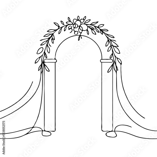 A simple, minimalistic, single-line drawing of wedding arch, created in a line art style. The design is clean and elegant, with smooth, flowing curves and no shading or additional details.