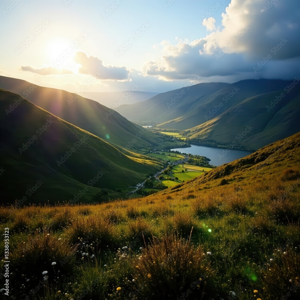 Fototapeta premium Sunlight on Bleaberry Fell's slopes, Lake District, image, hiking, vegetation
