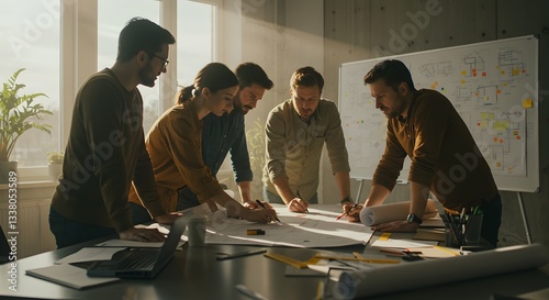 Creative team collaboration on architectural design plans desk pens ideas table paper group office