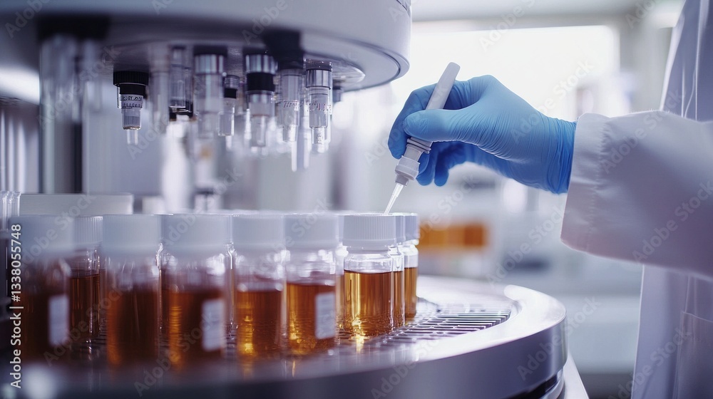 Fototapeta premium A skilled scientist in a white lab coat carefully handles a pipette, transferring liquid into vials during intricate experiments in a modern laboratory featuring advanced equipment