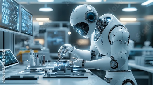 A futuristic robot repairing a broken machine in a high-tech workshop, surrounded by tools and equipment.