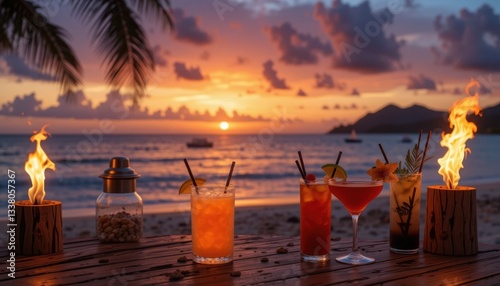 Tropical sunset cocktail party beachfront social event relaxing atmosphere scenic view leisure concept